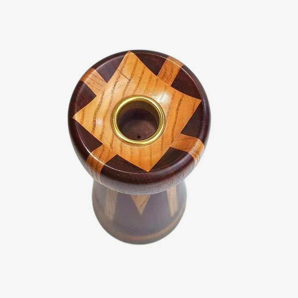 Vintage 1970s Hand Turned Multi-Wood Inlay Candlestick Taper Holder 10 Inch